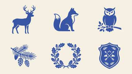 Fototapeta premium Woodland animal and nature vector icons set featuring deer fox owl pine branch oak wreath and shield emblem for rustic branding