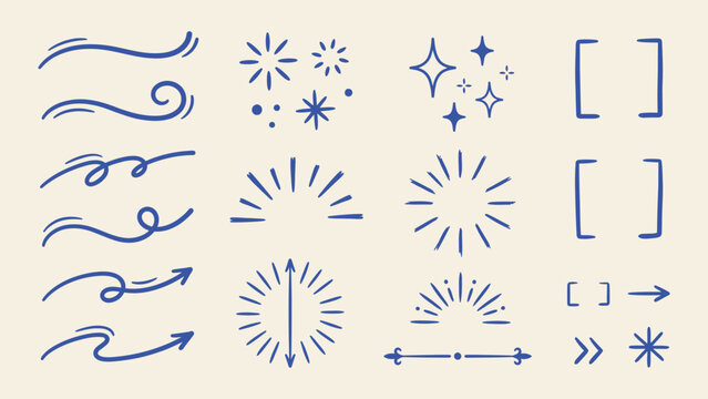 Hand drawn vector doodle elements set with swirls arrows sparkles starbursts brackets and dividers for graphic design decoration
