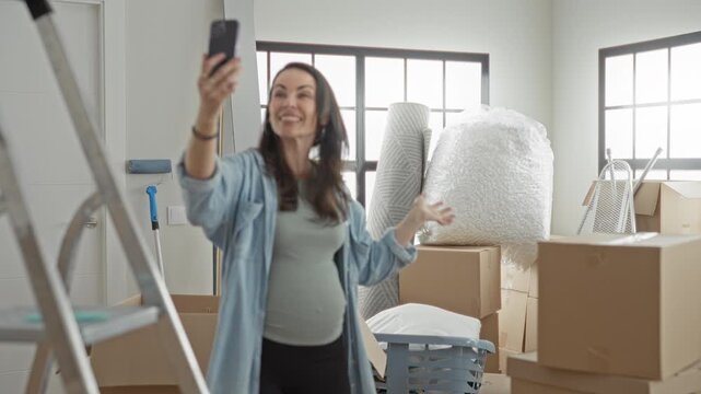 Pregnant woman holds smartphone up for selfie among stacked moving boxes, bubble wrap and ladder inside a building while gesturing with her free hand; anticipation nesting.