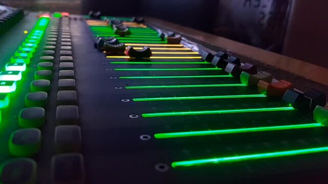 Audio mixer fader moving downward close up