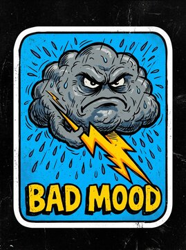 Retro 90s underground comic sticker of a grumpy storm cloud shooting lightning