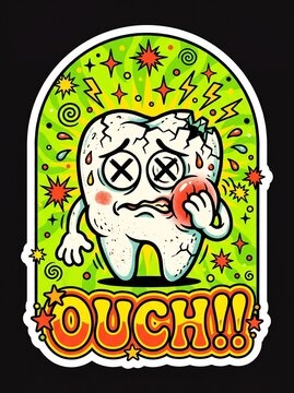 Retro 70s psychedelic cartoon sticker of a chubby tooth in pain holding its cheek