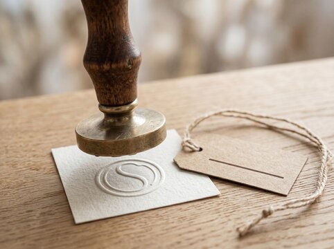 Close-up of a wooden-handled stamp pressing a quality seal on paper beside a blank kraft price tag