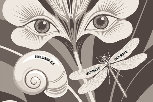 Surreal grayscale illustration depicting a flower with human eyes a dragonfly and a snail shell both featuring barcode patterns in a fantasy scene.