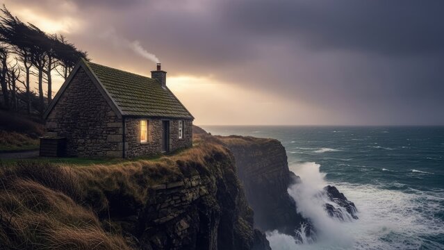Coastal cottage illuminated against dramatic cloudy sky and ocean waves
