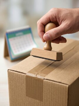 Close-up of a hand stamping a cardboard box with a freight symbol, calendar blurred in background