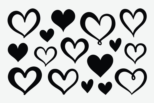 Collection of diverse hand drawn heart shapes in solid black and outlined styles creating a romantic and expressive set of graphic elements.