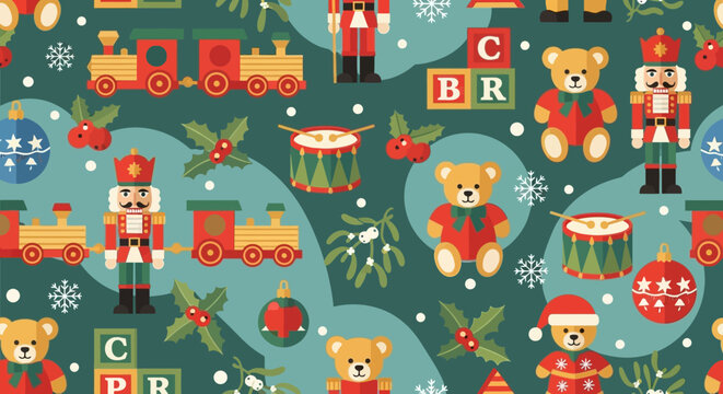 Festive Christmas Toy Pattern: Nutcrackers, Trains, Teddy Bears, Snowflakes