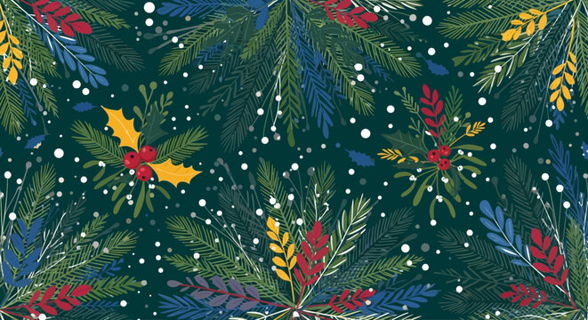 Festive Christmas Wreath Pattern with Holly Berries and Snowflakes
