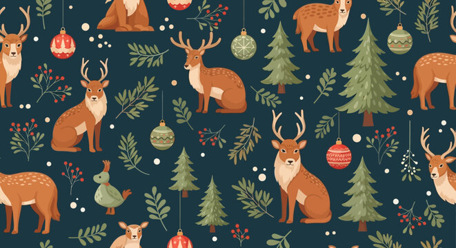 Seamless Christmas Pattern: Deer, Fir Trees, Holly Berries, and Ornaments