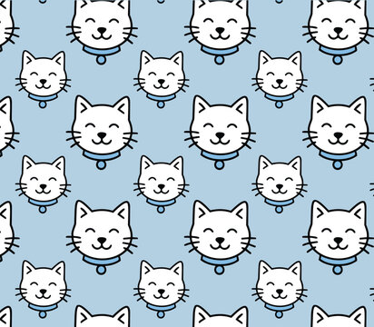 Cute cat seamless repeat pattern design in blue