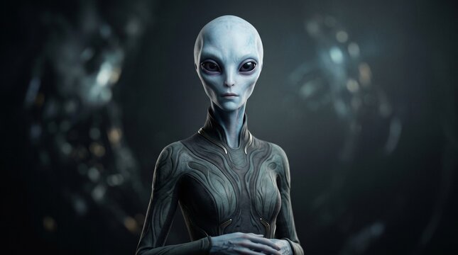 A futuristic illustration of an alien woman standing confidently in a dark sci-fi environment with metallic objects.