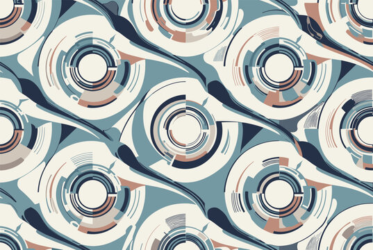 Intricate abstract pattern featuring layers of circular mechanical or technological elements in muted blue and cream tones.