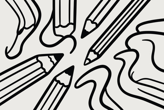 Artistic black and white composition of several sharpened pencils pointing towards the center among flowing scribbled lines.