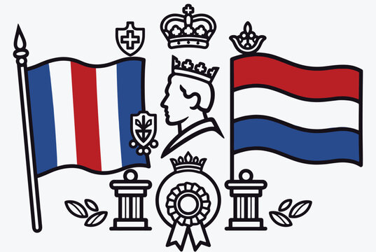 National symbols of the Netherlands are represented through flags, a royal silhouette, and decorative elements in a clean graphic.