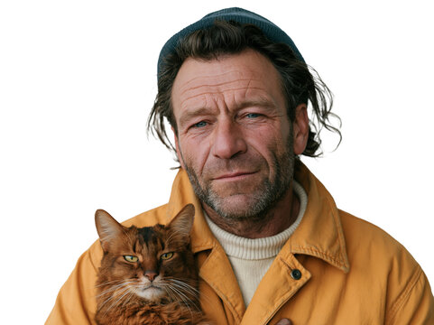 Middle-aged man wearing a beanie and jacket holding his cat,Isolated 