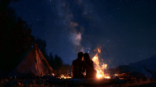 Two people sitting around the campfire, displaying romantic affection under the starry sky, with its gentle glow and flickering flames, creating a charming and intimate atmosphere for their outdoor ca