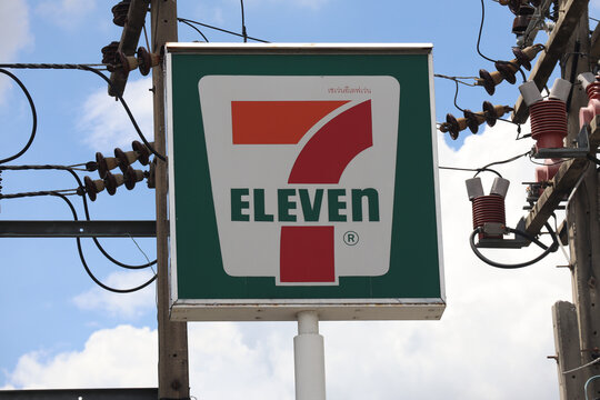 Close Up of 7-Eleven Commercial Signage and Utility Lines on June 21 2026 in Bangkok, Thailand.