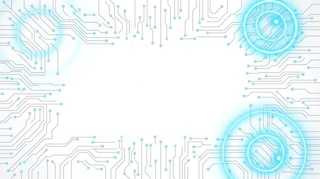 Abstract digital circuit board pattern with glowing blue circular elements and white background for technology concepts