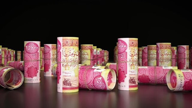 Camera Moving Across Rolled Iraqi Dinar Banknotes, Realistic Currency Background, High-Quality 3D Animation