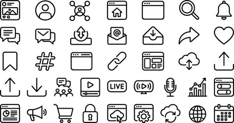 Social media and digital marketing thin line icon set featuring web user profile upload download streaming video player analytics chart shopping cart internet settings vector illustrations. © MstSelina