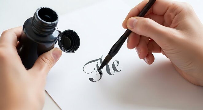 Close Up View of a Professional Calligrapher Using a Traditional Brush and Black Ink to Create Elegant Hand Lettered Decorative Script on Paper