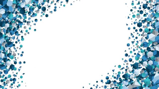 Abstract blue and teal geometric shapes forming a dynamic border on a clean white background