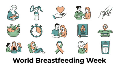 Fototapeta premium World Breastfeeding Week Icons Set. Collection of Breastfeeding, Motherhood, and Baby Care Vector Symbols with Text