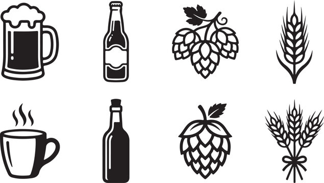 Black and white beer and coffee icons with hops and wheat