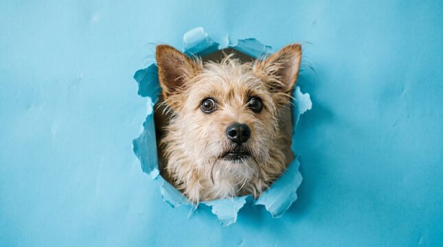 A curious dog peers through a torn hole in a blue background