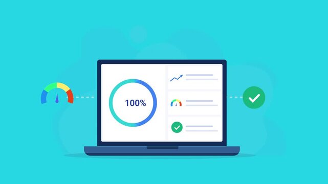 Animated flat vector illustration of a laptop displaying a performance monitoring dashboard with progress indicator, speed gauge, analytics, and verification icons. Modern KPI tracking and business te