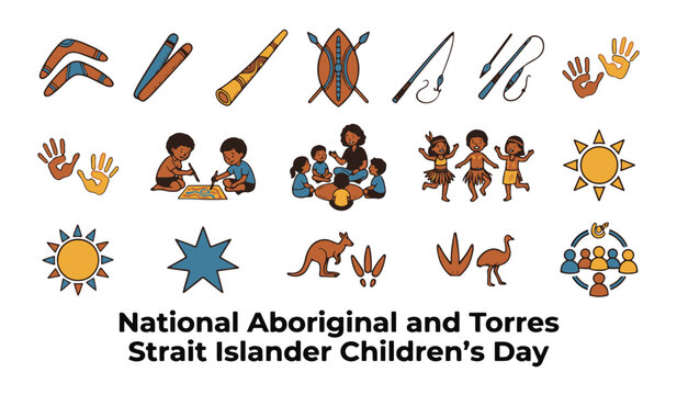 National Aboriginal and Torres Strait Islander Children's Day Vector Icon Collection with Cultural Symbols
