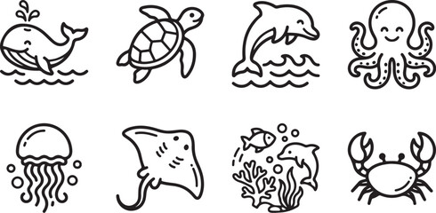 Black and white ocean creatures illustration set © Torikul