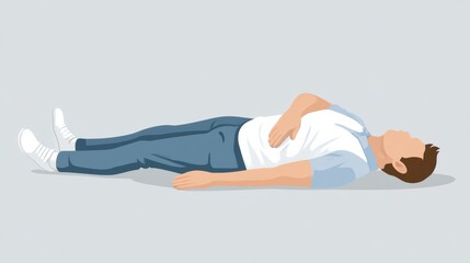 Fototapeta premium A person is lying on their side in the recovery position on a light gray background.