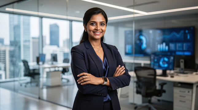 Confident young executive woman with dark hair and a professional suit stands in a modern office with arms crossed, smiling at the camera, conveying leadership, success, and business acumen in a corpo