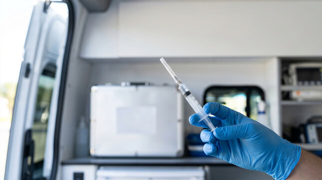 A gloved hand holding a medical syringe with needle inside a mobile clinic or ambulance, representing vaccination, healthcare services, and immunization concept with copy space Healthcare concept