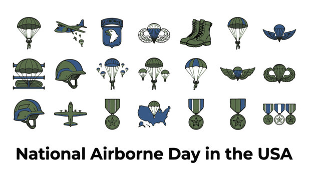 Collection of Airborne Military Icons for National Airborne Day in the USA