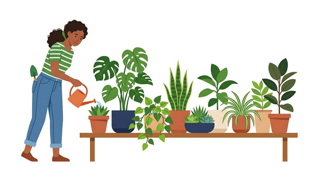 A woman is watering potted plants on a wooden table with a watering can in her hand carefully nurturing the green leafy plants