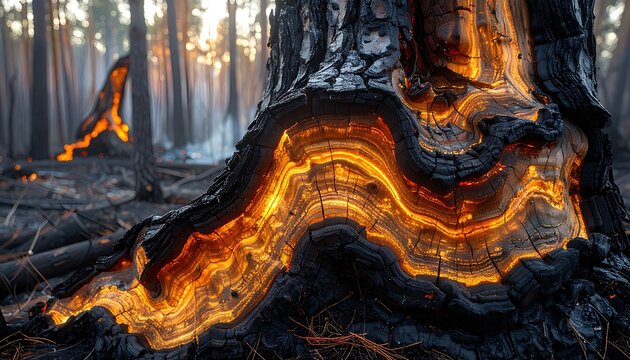 A tree trunk on fire in a forest