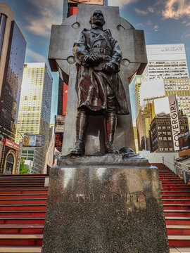 NEW YORK, MANHATTAN, USA - MARCH 8, 2020: Statue of Father Duffy, located in Duffy Square-the northern half of Times Square. Was a Canadian American soldier, Catholic priest and military chaplain.