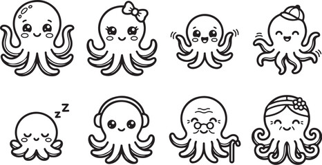 Cute cartoon octopus characters with different expressions © Torikul