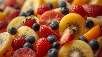 Obraz premium Vibrant Mixed Fruit Salad Close-up: Strawberries, Blueberries, Kiwi, Banana, Orange Slices