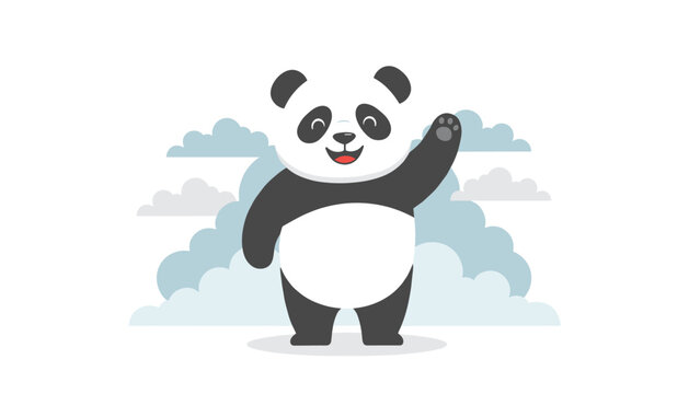 Cute panda bear character waving hello while standing in front of fluffy blue clouds on a clear and sunny day with a friendly expression.
