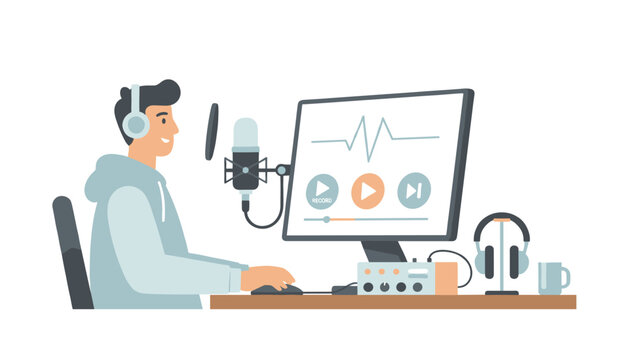 Content creator recording voiceover audio with a professional microphone and editing software on a computer at a home workspace.