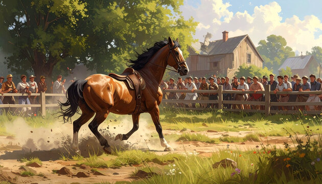 Horse galloping in rural landscape