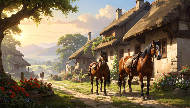 Horses countryside landscape scene