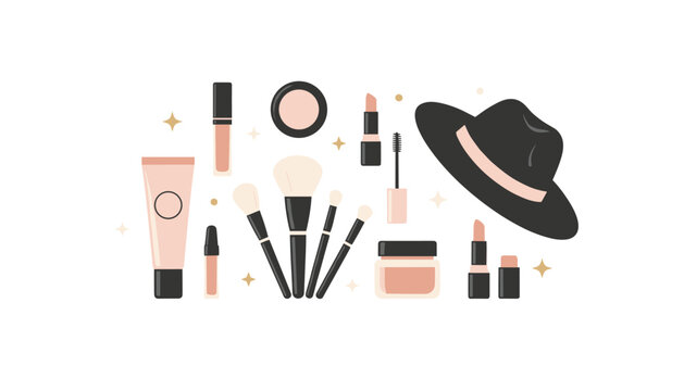 Collection of cosmetic products including makeup brushes tubes of foundation lipstick mascara and a stylish black hat on a decorated background.