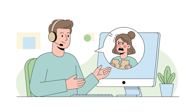Customer support agent talking to an angry female customer on a computer video call regarding a broken relationship or emotional conflict.