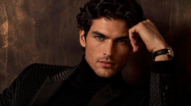 High-end editorial portrait of a handsome, masculine male model with striking features, wearing a luxury textured blazer, black turtleneck, and a classic wristwatch. Thoughtful and intense expression 