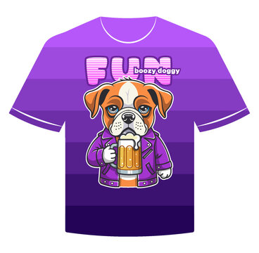 Vector gradient purple summer t-shirt. Merch sample. Funny cute sad cartoon dog in bright fashionable jacket and holding mug of beer. Fun. Drunk puppy. Comical toon boozy doggy. Isolated background